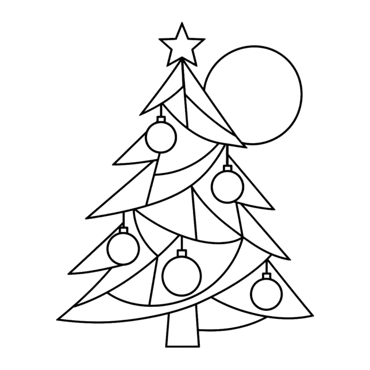 Ausmalbild Geometrischer Tannenbaum mit Kugeln
