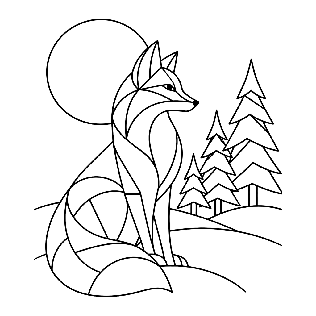 Ausmalbild Geometrischer Winterfuchs mit Mond