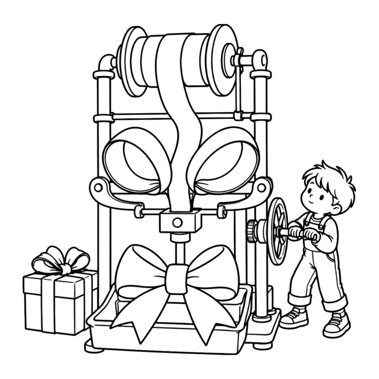 Ausmalbild Geschenkschleifen-Maschine zu Weihnachten