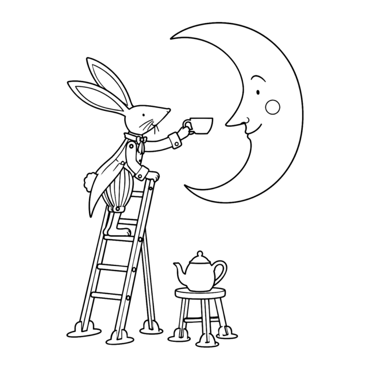 Ausmalbild Hase bringt dem Mond Wintertee