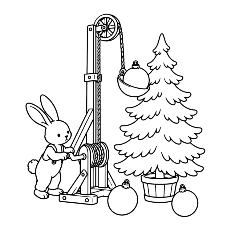 Ausmalbild Hase mit Kugelaufzug am Tannenbaum