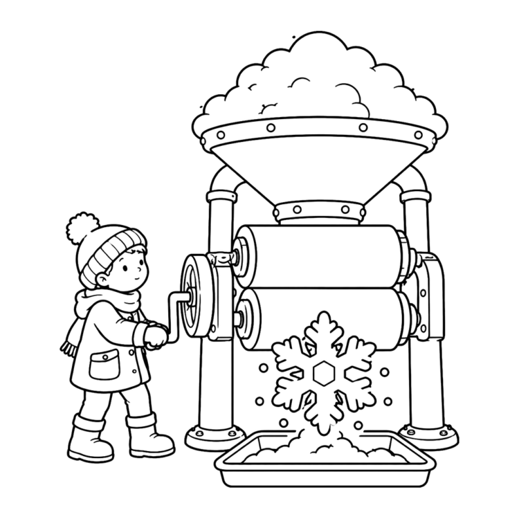 Ausmalbild Kind an der Schneeflockenmaschine
