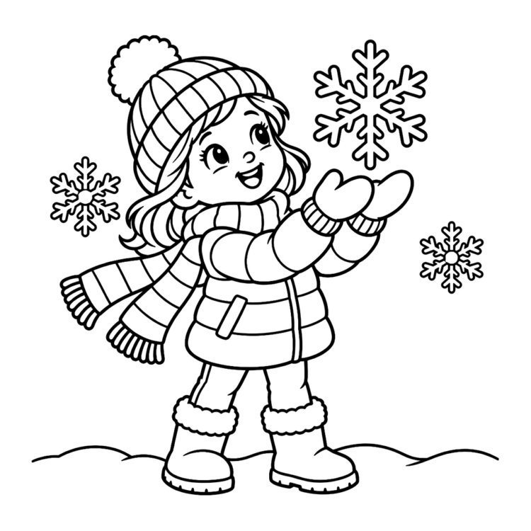 Ausmalbild Kind fängt eine Schneeflocke