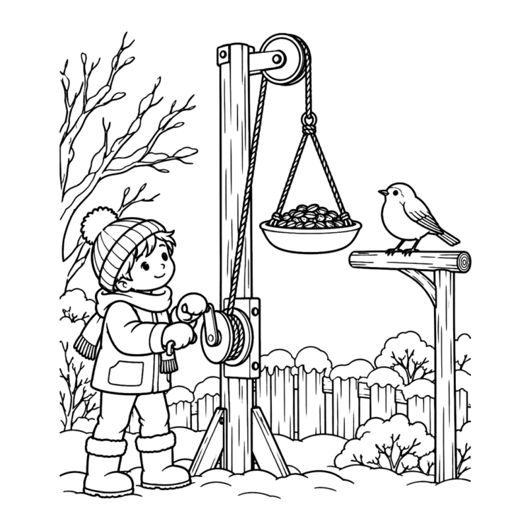 Ausmalbild Kind füttert Rotkehlchen im Winter