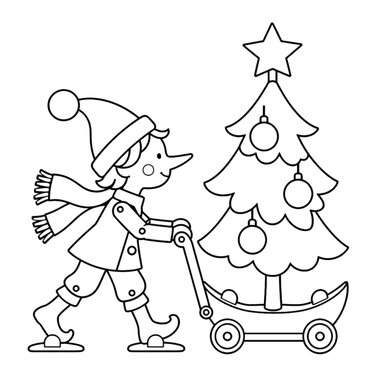 Ausmalbild Kind schiebt geschmückten Tannenbaum
