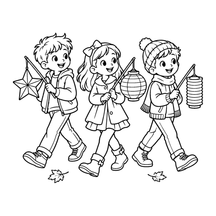 Ausmalbild Kinder mit Laternen beim Martinsumzug