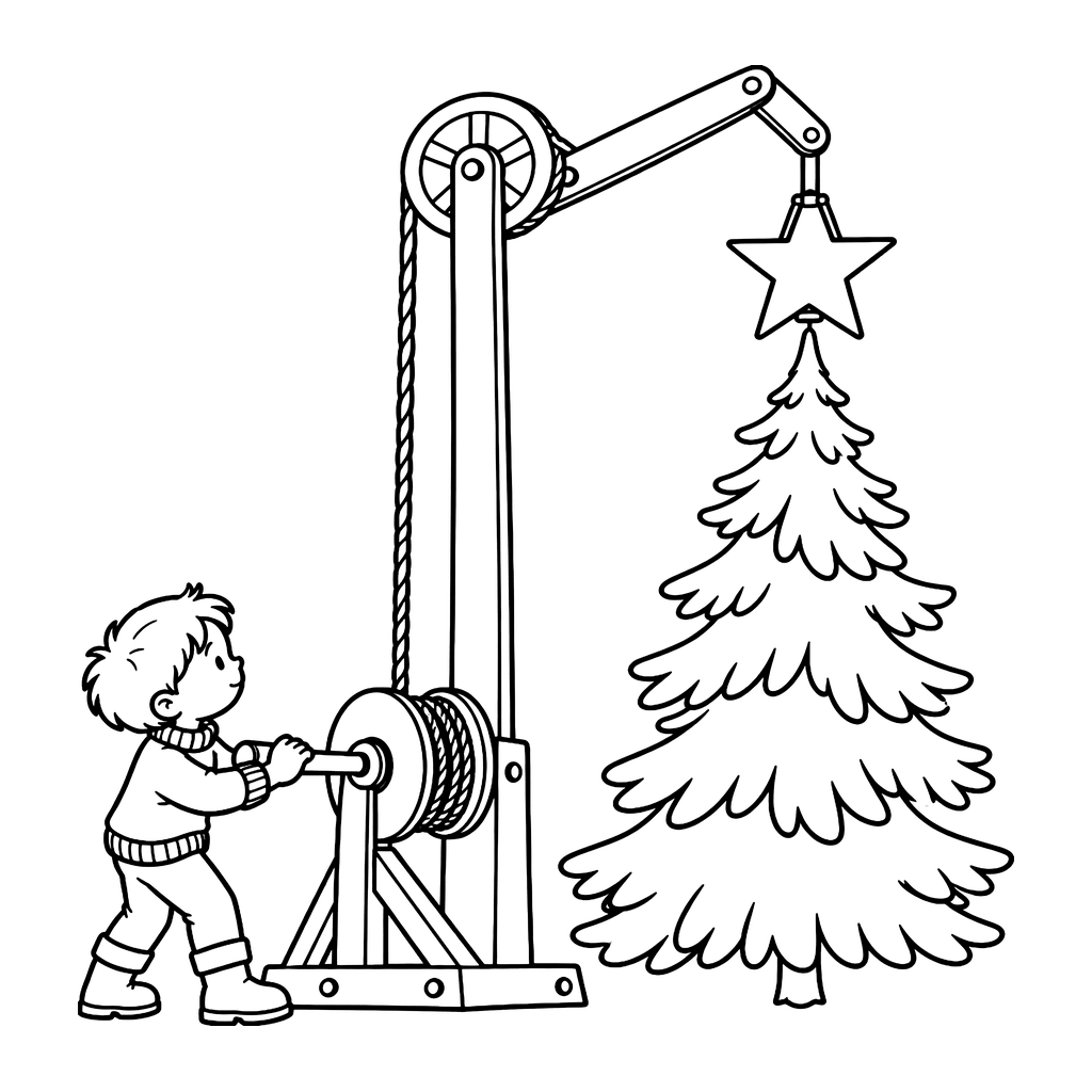 Ausmalbild Kran setzt Stern auf den Tannenbaum