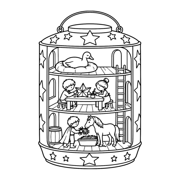 Ausmalbild Laternenhaus mit Gans und Pony