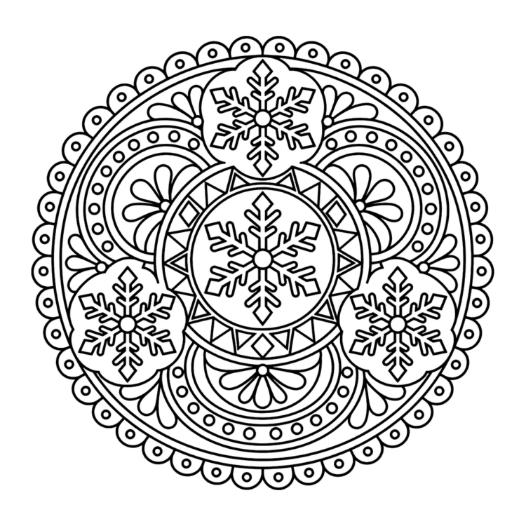 Ausmalbild Mandala mit drei Schneeflocken