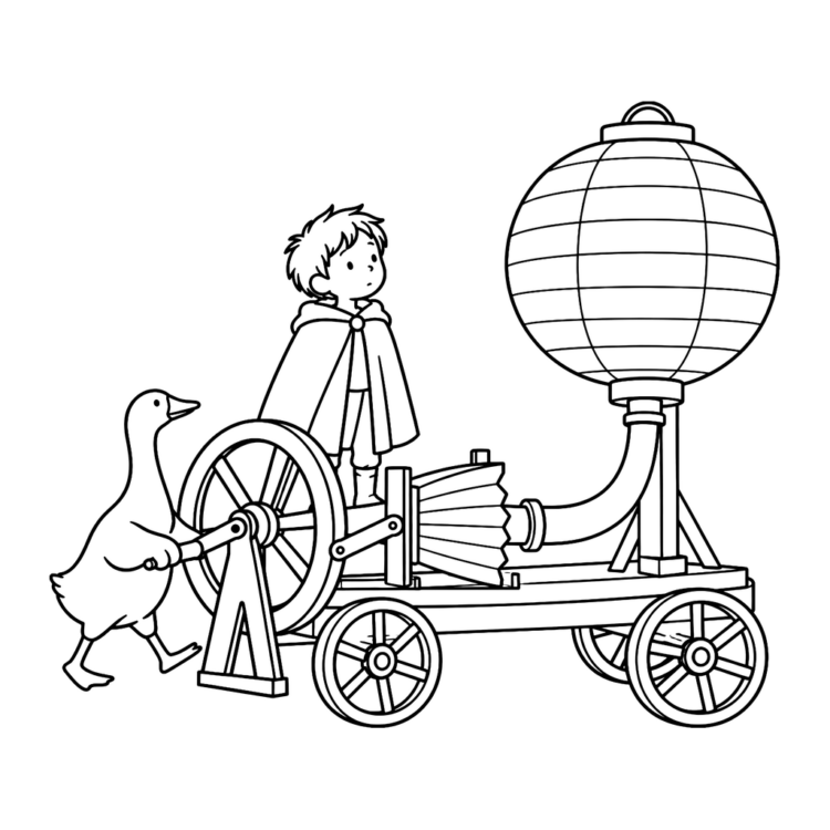 Ausmalbild Martinsgans kurbelt am Laternenwagen