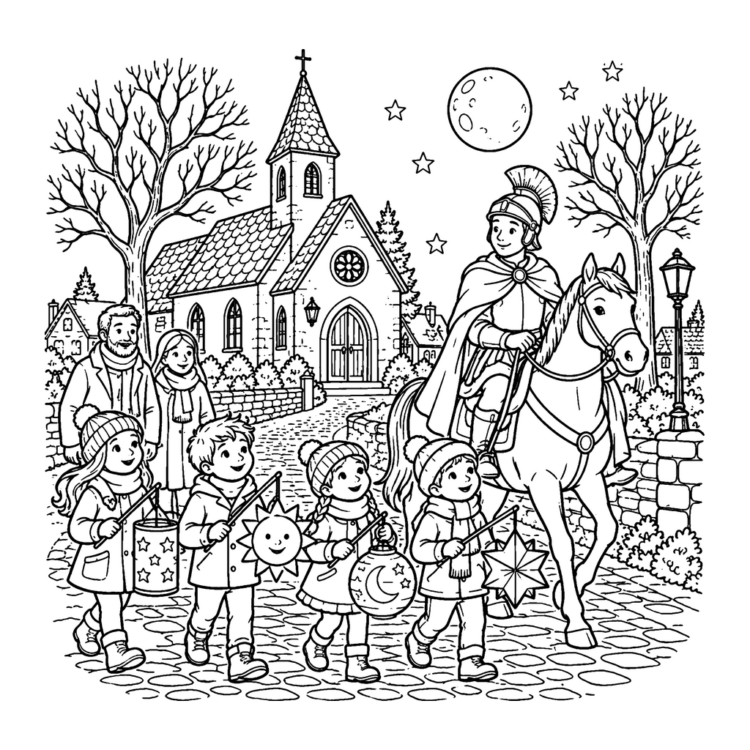 Ausmalbild Martinsumzug mit Laternen vor der Kirche