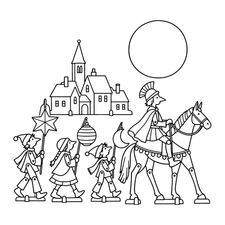 Ausmalbild Martinszug unter dem Vollmond