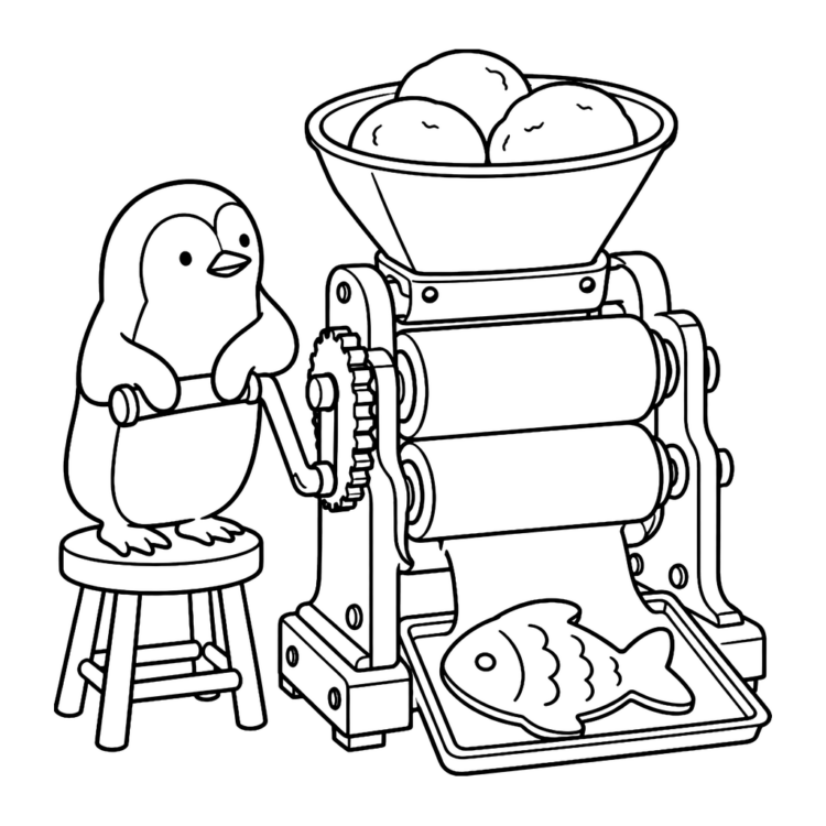 Ausmalbild Pinguin an der Fischkeks-Maschine