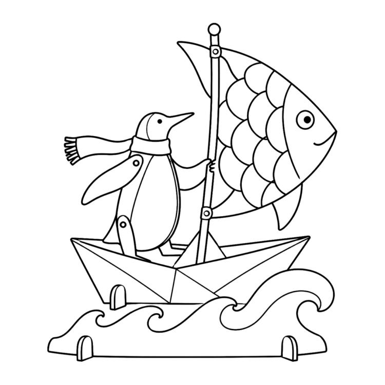 Ausmalbild Pinguin im Papierboot mit Fischsegel