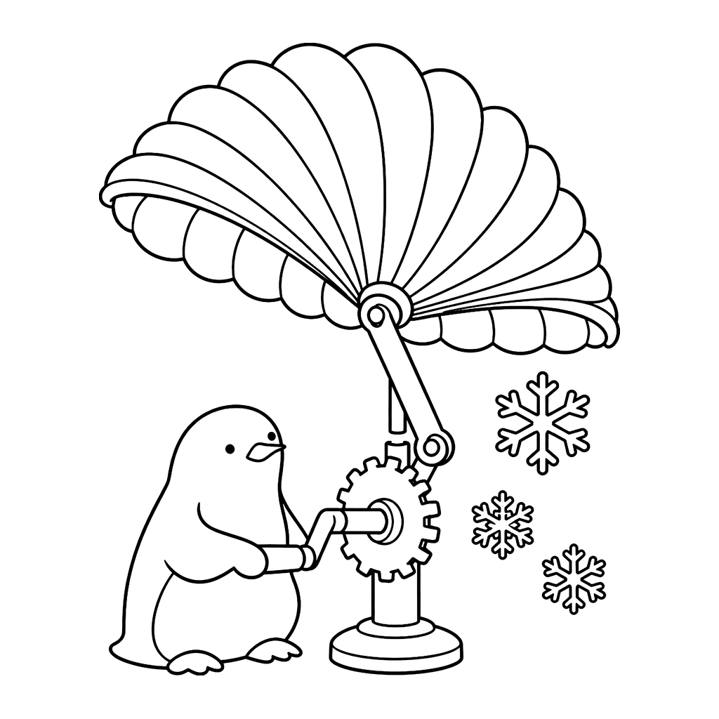 Pinguin mit Muschelschirm im Schnee