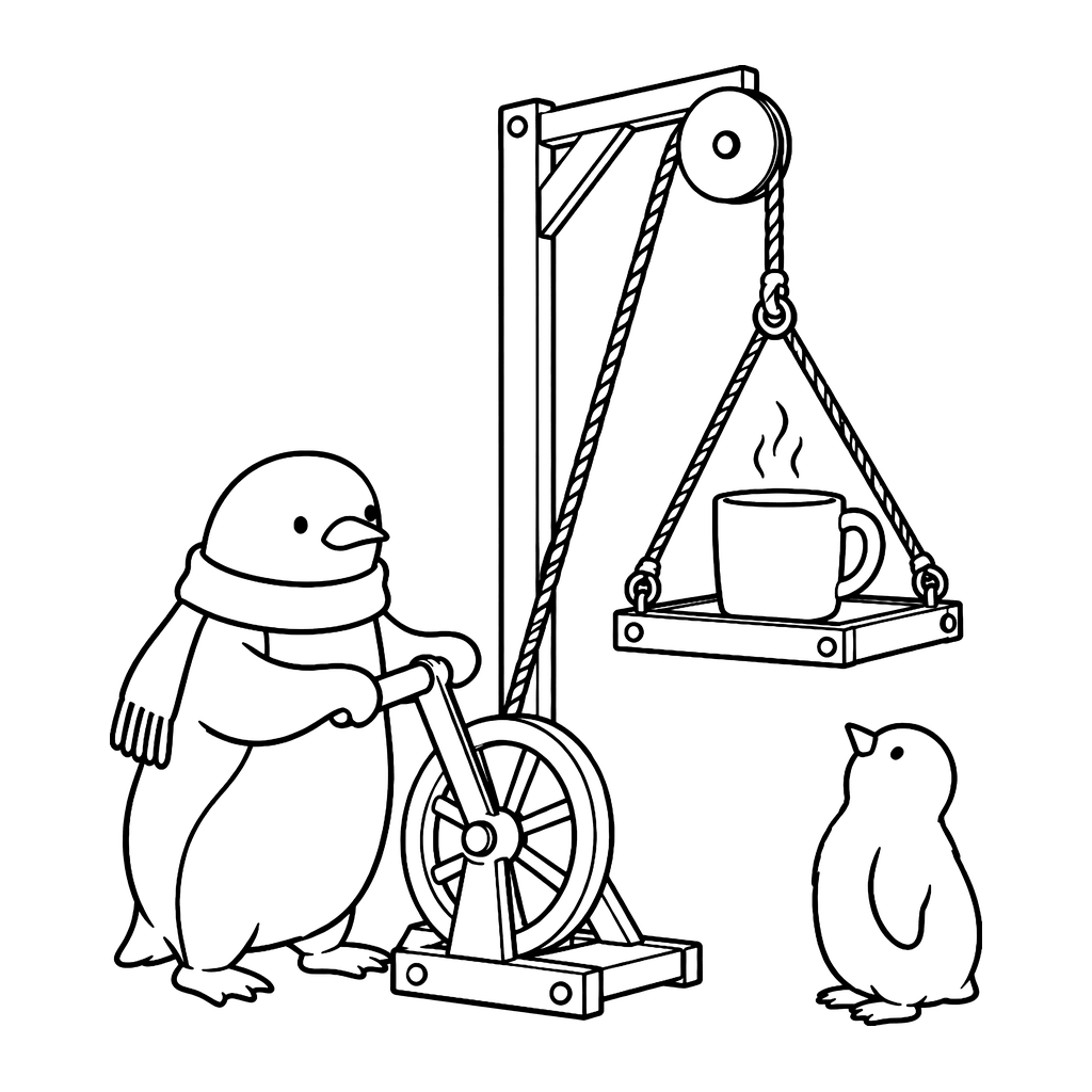 Pinguin und Küken am Becheraufzug