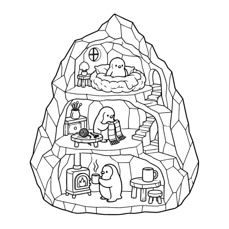 Ausmalbild Pinguinhaus im Eisberg