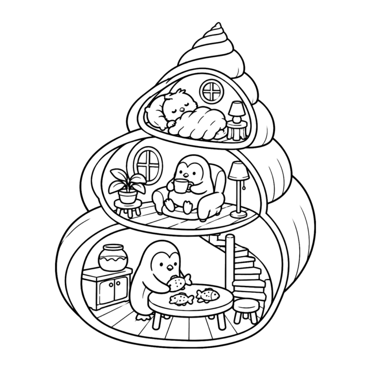 Ausmalbild Pinguinwohnung in der Muschel