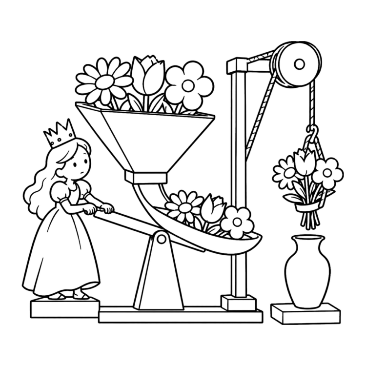 Ausmalbild Prinzessin an der Blumenstraußmaschine