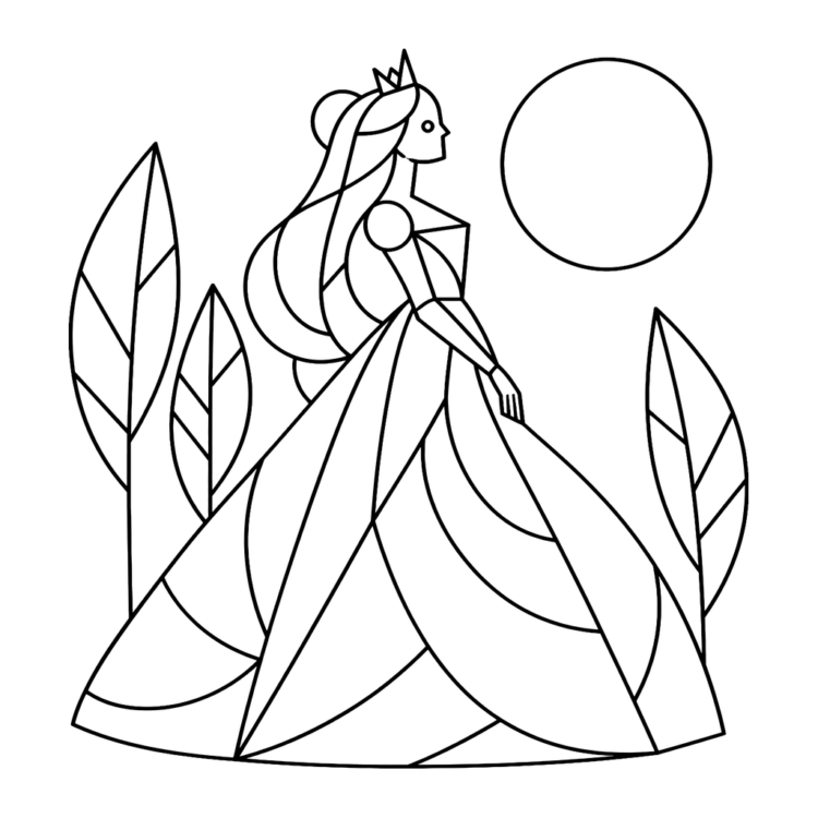 Ausmalbild Prinzessin aus Kreisen und Fächern
