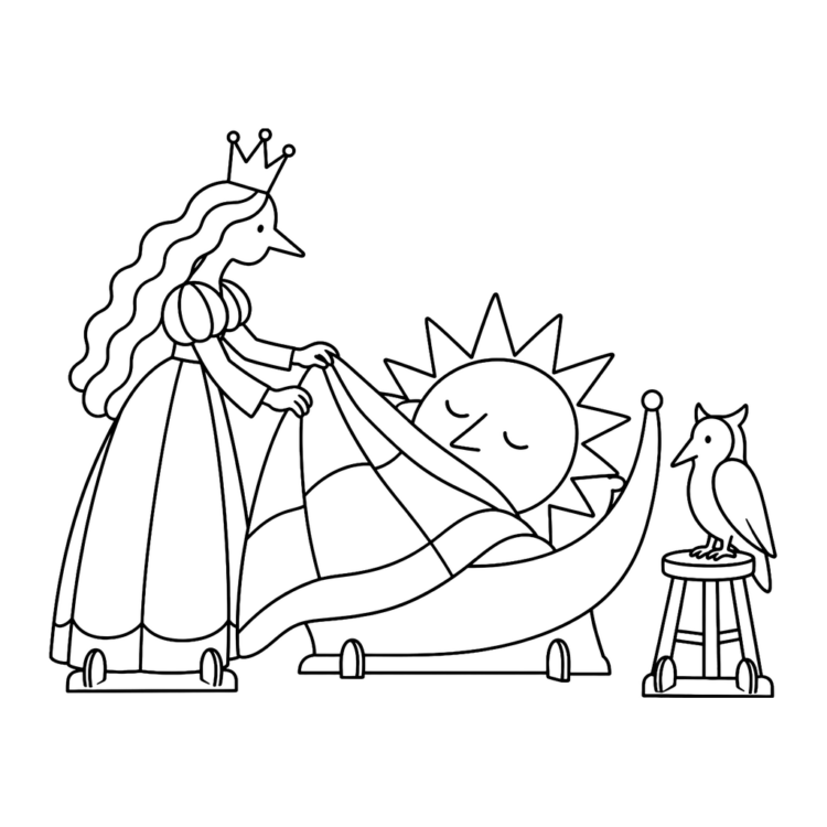 Ausmalbild Prinzessin bringt die Sonne ins Bett