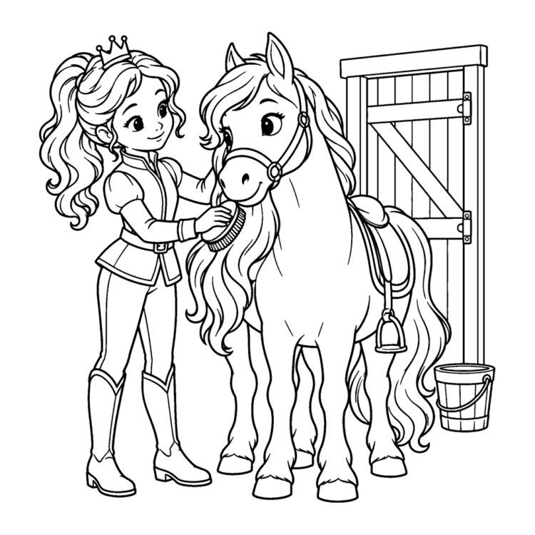 Ausmalbild Prinzessin bürstet ihr Pferd am Stall