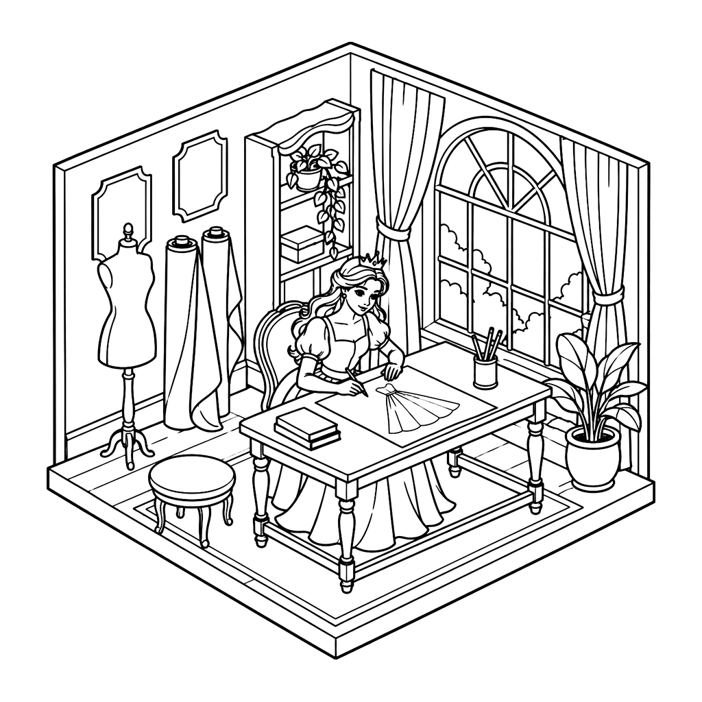 Ausmalbild Prinzessin entwirft ein Kleid im Atelier