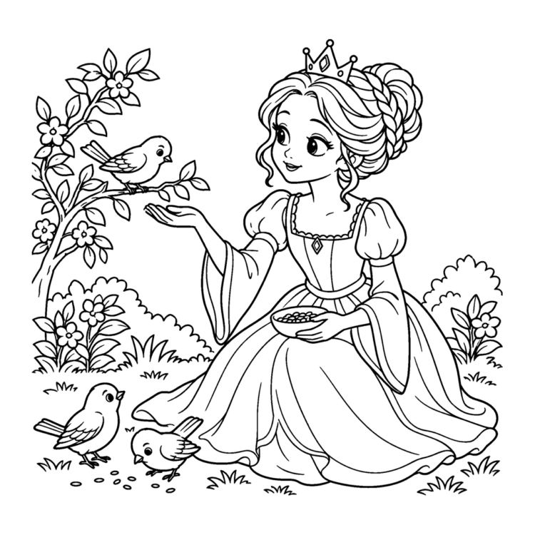 Ausmalbild Prinzessin füttert Vögel im Garten