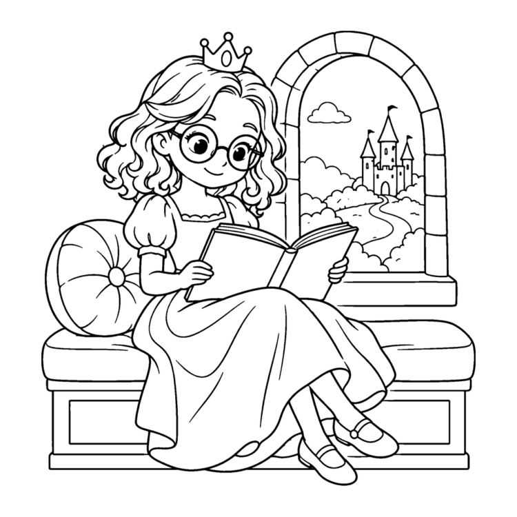 Ausmalbild Prinzessin mit Brille liest am Fenster