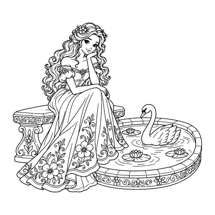 Ausmalbild Prinzessin mit Schwan am Zierteich