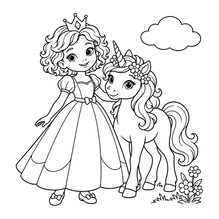 Ausmalbild Prinzessin mit kleinem Einhorn