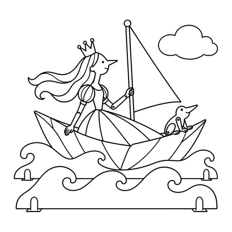 Ausmalbild Prinzessin segelt im Papierschiff
