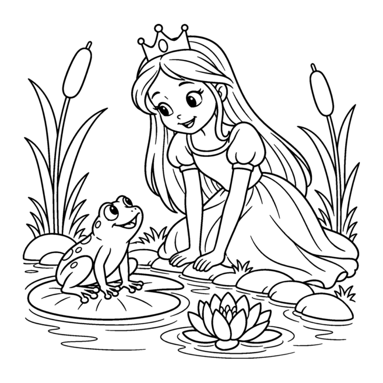 Ausmalbild Prinzessin und der Frosch am Teich