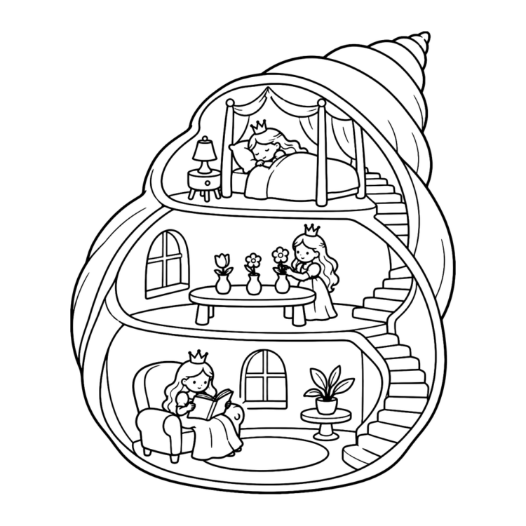 Ausmalbild Prinzessinnen im Muschelhaus