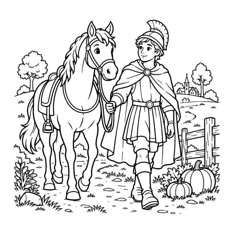 Ausmalbild Sankt Martin führt sein Pferd