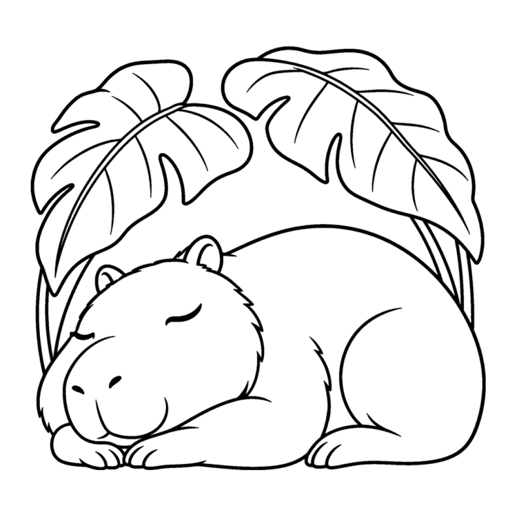 Ausmalbild Schlafendes Capybara unter großen Blättern