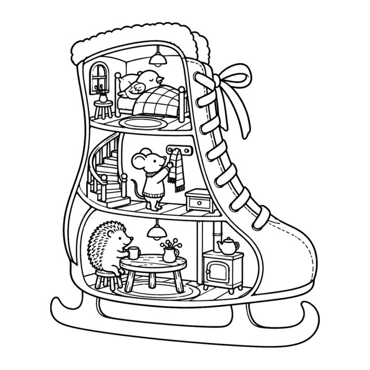 Ausmalbild Schlittschuh-Haus mit Igel und Maus