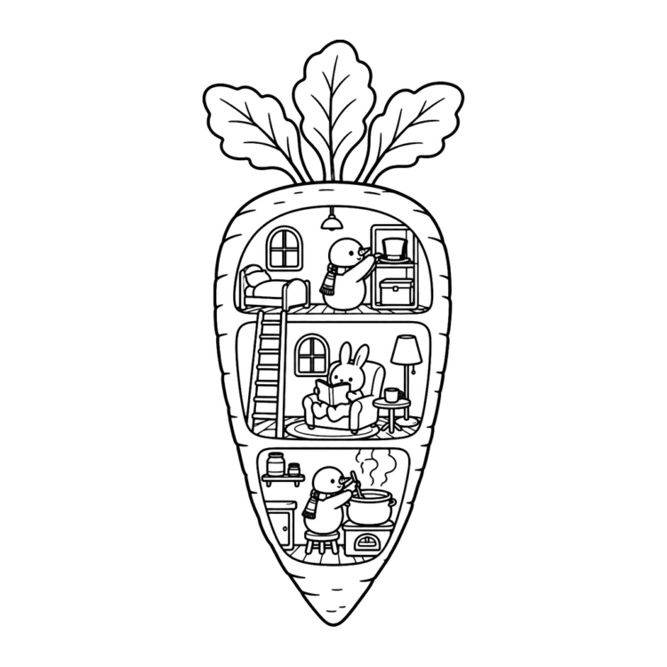 Ausmalbild Schneemann und Hase im Karottenhaus