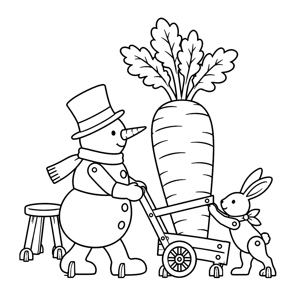 Ausmalbild Schneemann und Hase mit Riesenkarotte
