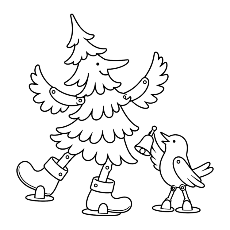 Ausmalbild Tanzender Tannenbaum mit Stiefeln