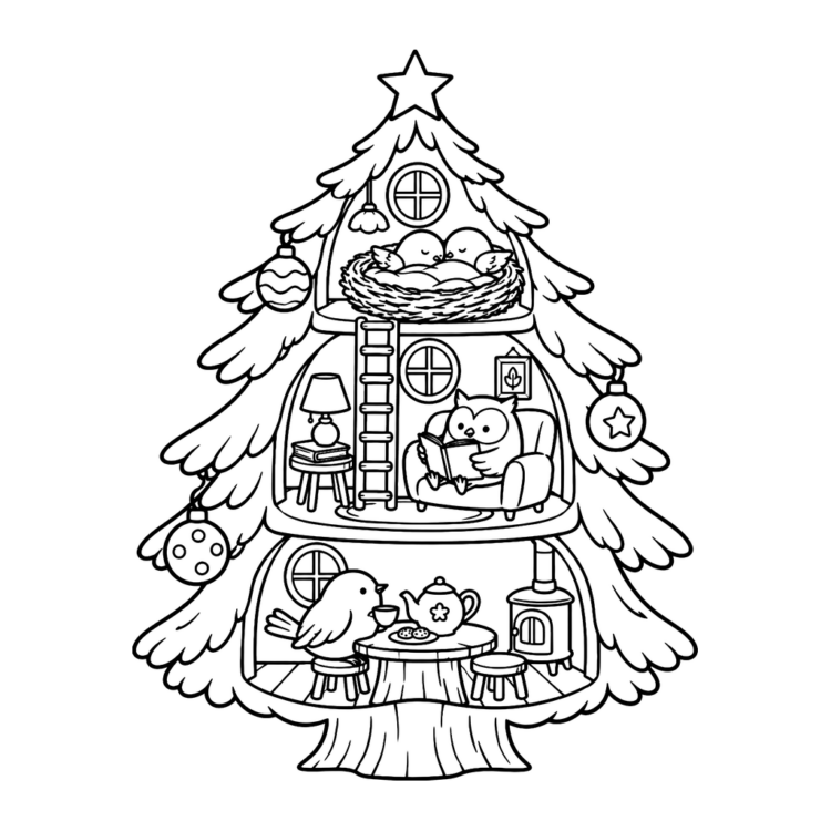 Ausmalbild Weihnachtsbaum mit Vogelstuben