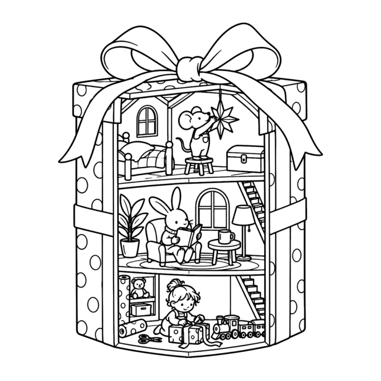 Ausmalbild Weihnachtsgeschenk mit drei Etagen