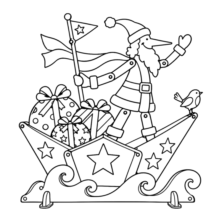 Ausmalbild Weihnachtsmann im Sternenboot