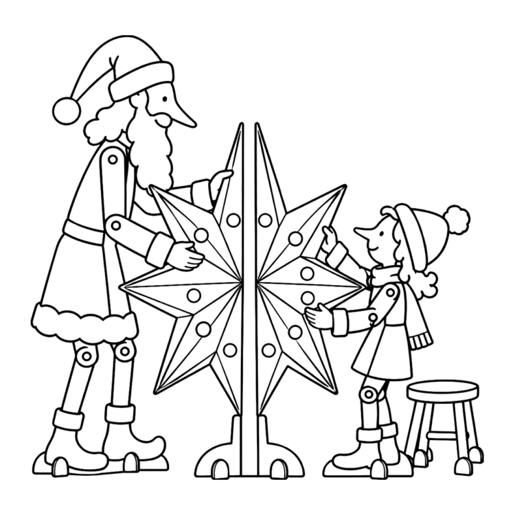 Ausmalbild Weihnachtsmann und Kind mit Stern