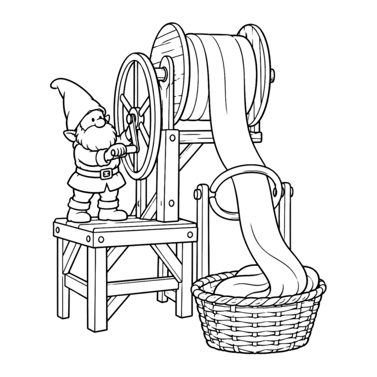 Ausmalbild Wichtel an der Wickelmaschine