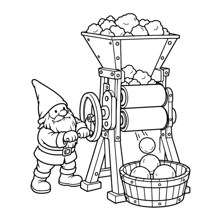 Ausmalbild Wichtel mit Schneeballmaschine