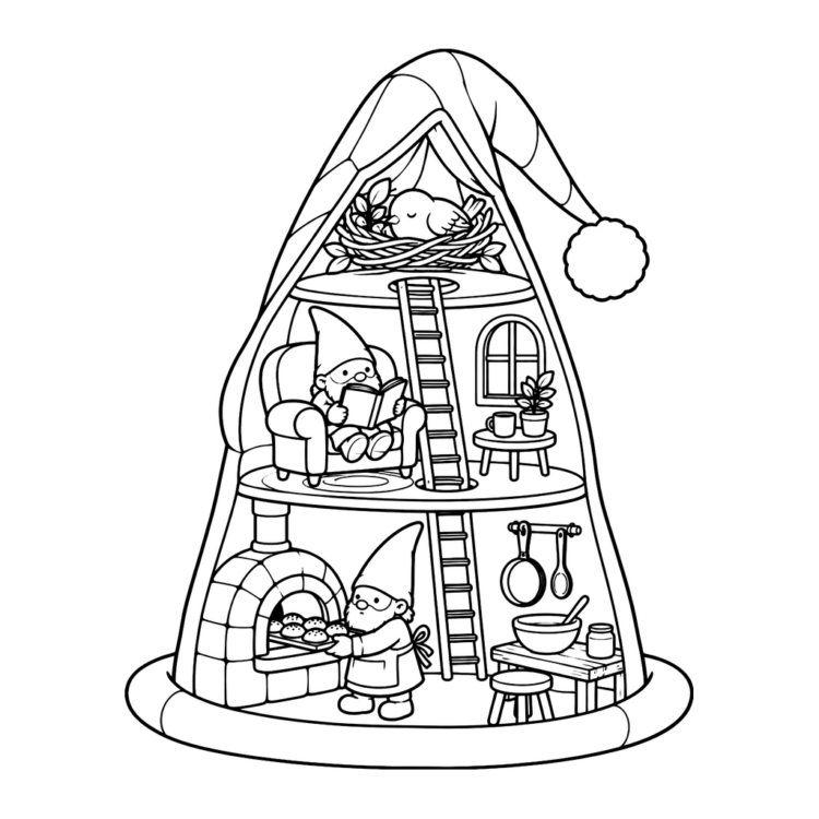 Ausmalbild Wichtelhaus in der Zipfelmütze