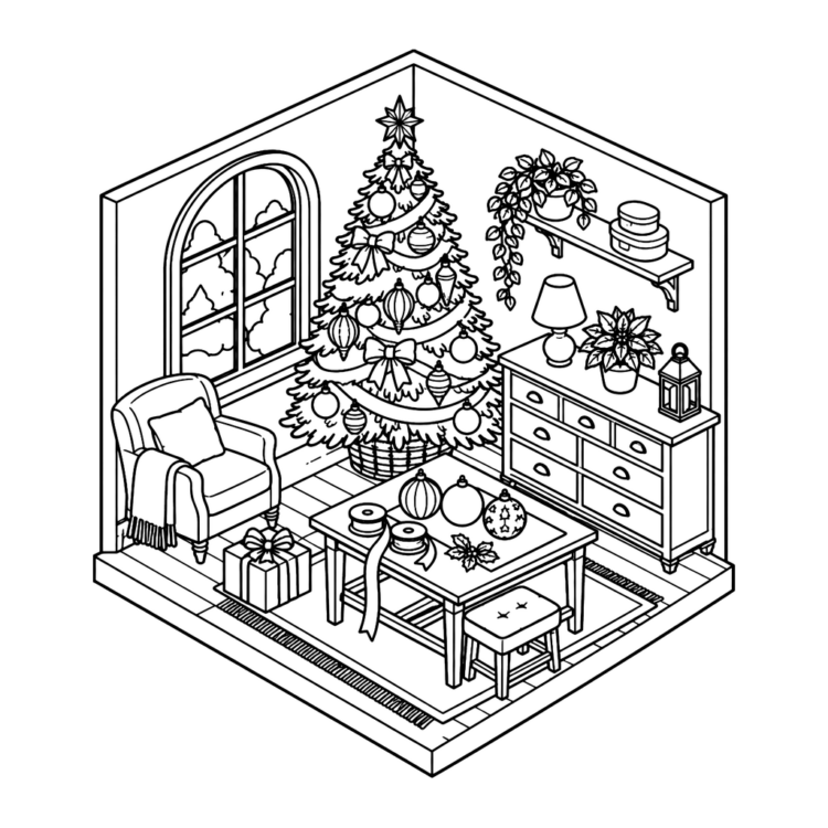 Ausmalbild Wohnzimmer mit geschmücktem Tannenbaum