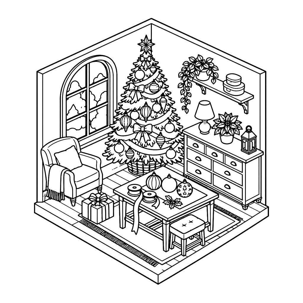 Ausmalbild Wohnzimmer mit geschmücktem Tannenbaum