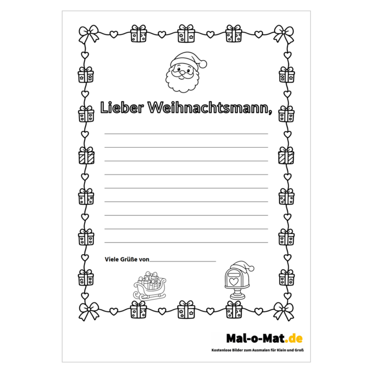 Brief an den Weihnachtsmann Vorlage mit Schreiblinien, Schlitten und Briefkasten